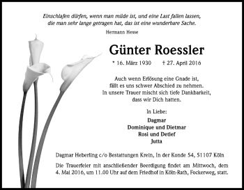 Anzeige von Günter Roessler von Kölner Stadt-Anzeiger / Kölnische Rundschau / Express