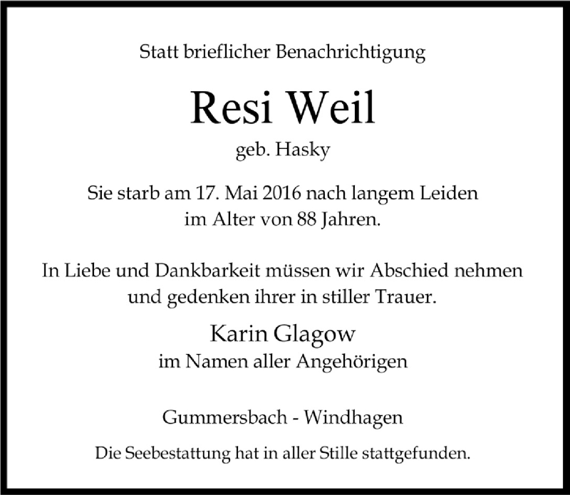  Traueranzeige für Resi Weil vom 01.06.2016 aus  Anzeigen Echo 