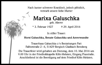 Anzeige von Marixa Galuschke von Kölner Stadt-Anzeiger / Kölnische Rundschau / Express