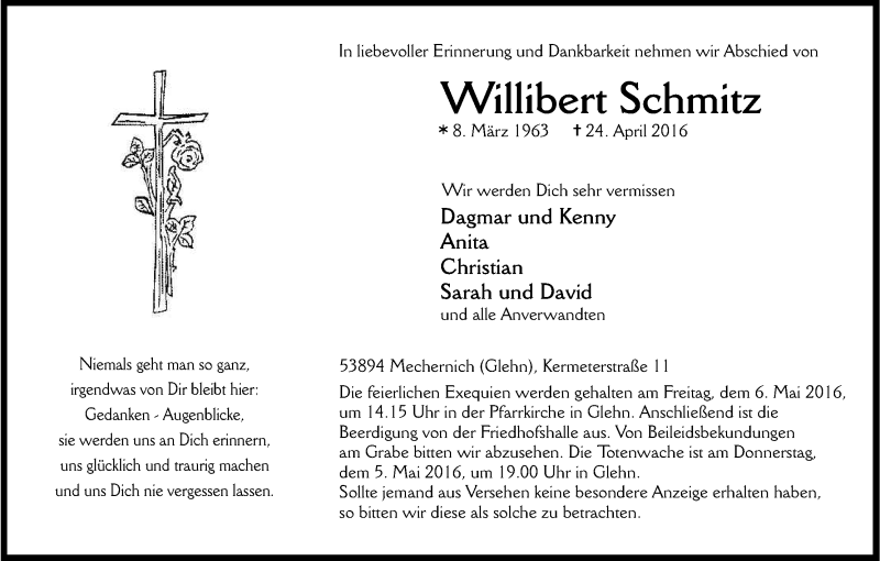  Traueranzeige für Willibert Schmitz vom 30.04.2016 aus Kölner Stadt-Anzeiger / Kölnische Rundschau / Express