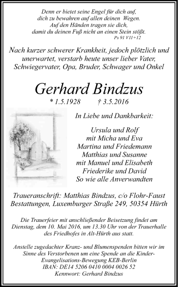 Anzeige von Gerhard Bindzus von Kölner Stadt-Anzeiger / Kölnische Rundschau / Express