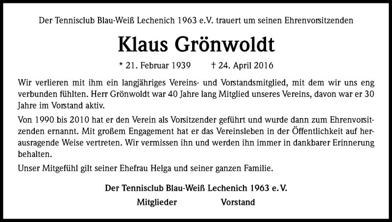  Traueranzeige für Klaus Grönwoldt vom 28.04.2016 aus Kölner Stadt-Anzeiger / Kölnische Rundschau / Express
