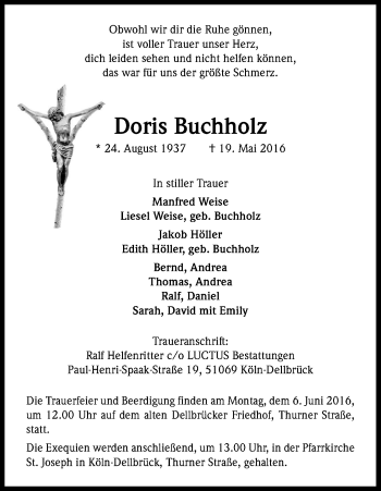 Anzeige von Doris Buchholz von Kölner Stadt-Anzeiger / Kölnische Rundschau / Express