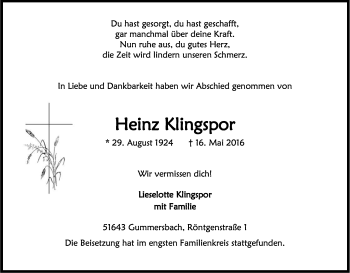 Anzeige von Heinz Klingspor von Kölner Stadt-Anzeiger / Kölnische Rundschau / Express