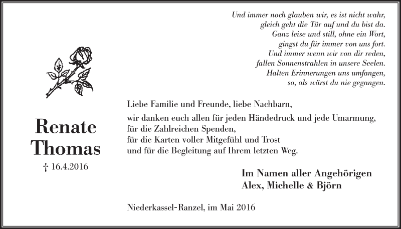 Traueranzeige für Renate Thomas vom 25.05.2016 aus  Extra Blatt 