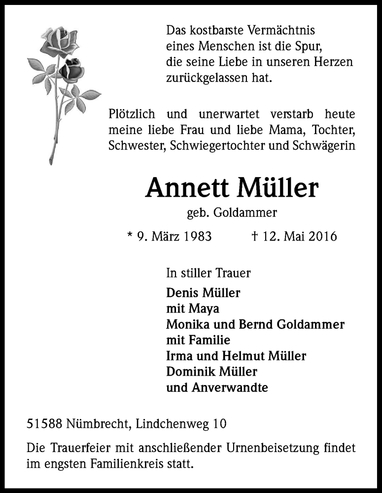  Traueranzeige für Annett Müller vom 25.05.2016 aus Kölner Stadt-Anzeiger / Kölnische Rundschau / Express