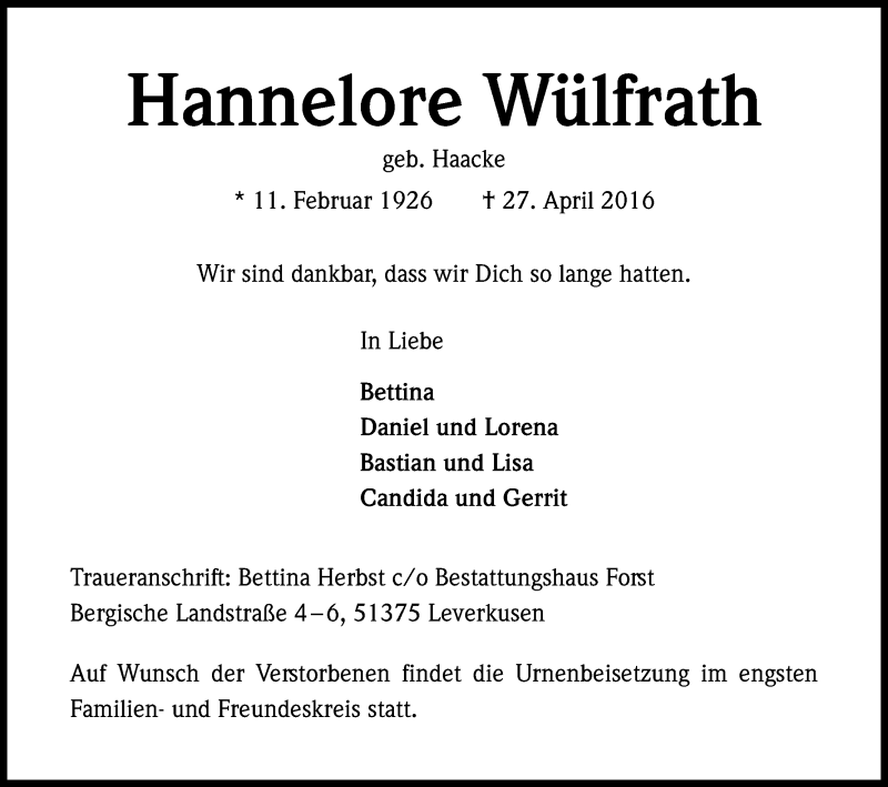  Traueranzeige für Hannelore Wülfrath vom 04.05.2016 aus Kölner Stadt-Anzeiger / Kölnische Rundschau / Express