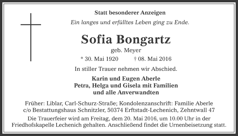  Traueranzeige für Sofia Bongartz vom 18.05.2016 aus  Werbepost 