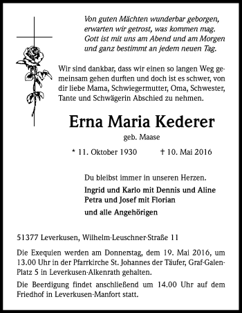 Anzeige von Erna Maria Kederer von Kölner Stadt-Anzeiger / Kölnische Rundschau / Express