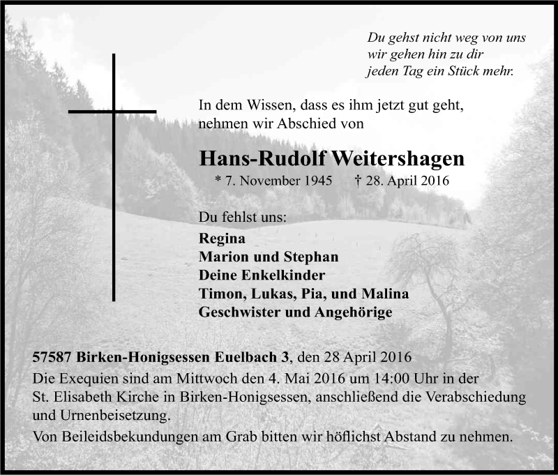  Traueranzeige für Hans-Rudolf Weitershagen vom 30.04.2016 aus Kölner Stadt-Anzeiger / Kölnische Rundschau / Express