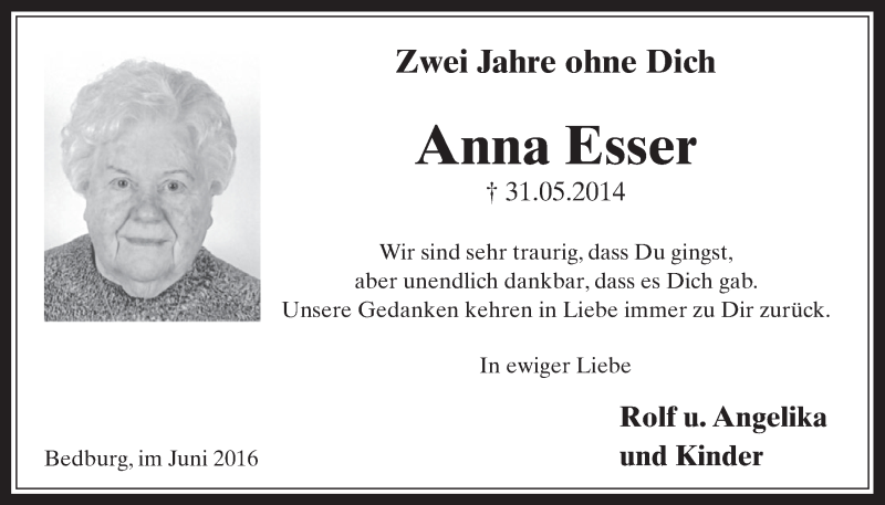  Traueranzeige für Anna Esser vom 01.06.2016 aus  Werbepost 