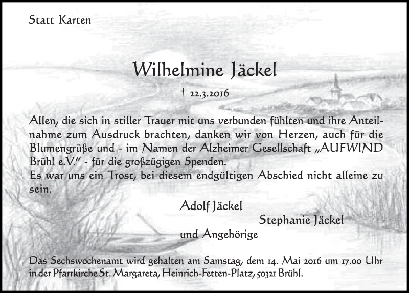 Traueranzeige für Wilhelmone Jäckel vom 04.05.2016 aus  Schlossbote/Werbekurier 