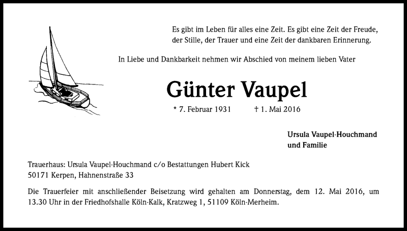  Traueranzeige für Günter Vaupel vom 07.05.2016 aus Kölner Stadt-Anzeiger / Kölnische Rundschau / Express