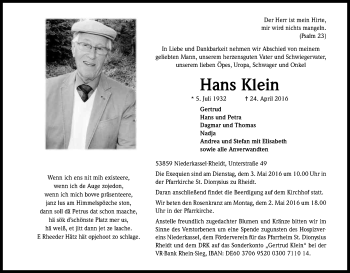 Anzeige von Hans Klein von Kölner Stadt-Anzeiger / Kölnische Rundschau / Express