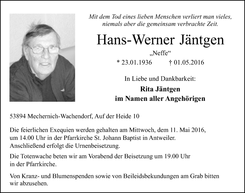  Traueranzeige für Hans-Werner Jäntgen vom 07.05.2016 aus  Blickpunkt Euskirchen 