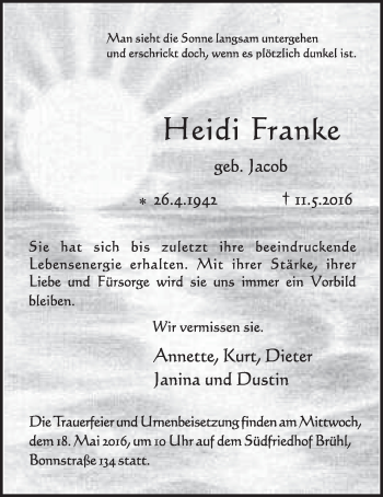Anzeige von Heidi Franke von  Schlossbote/Werbekurier 