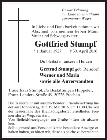 Anzeige von Gottfried Stumpf von  Wochenende 