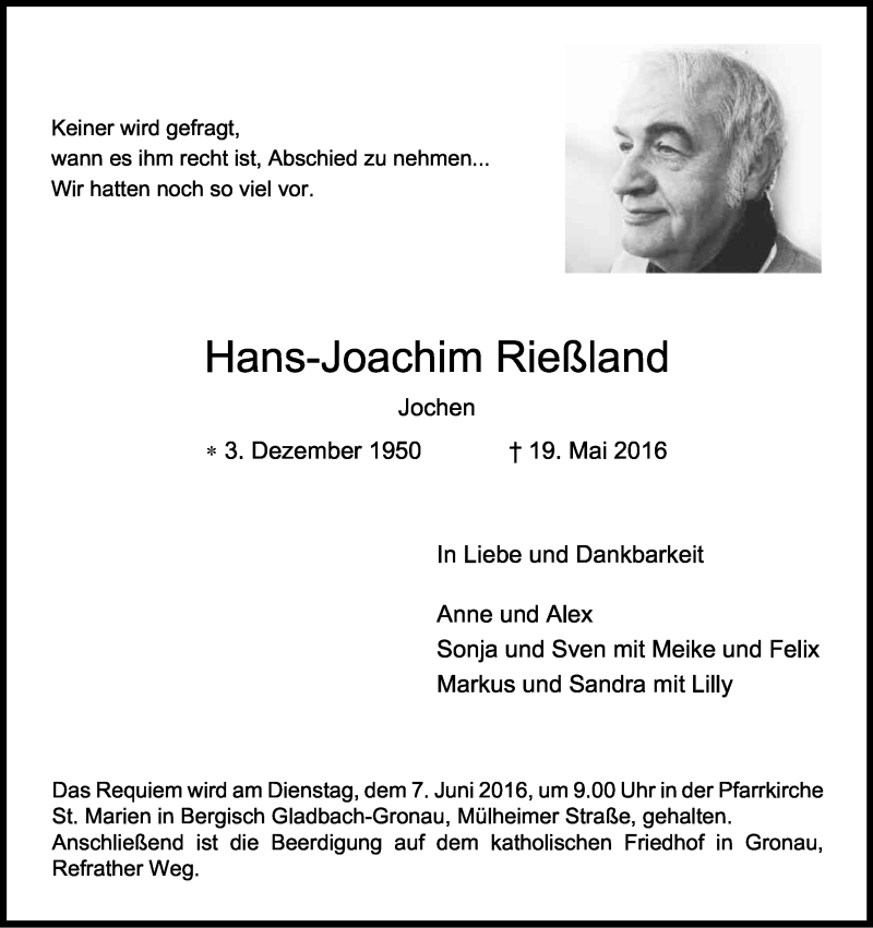  Traueranzeige für Hans-Joachim Rießland vom 01.06.2016 aus Kölner Stadt-Anzeiger / Kölnische Rundschau / Express
