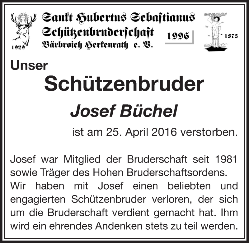  Traueranzeige für Josef Büchel vom 11.05.2016 aus  Bergisches Handelsblatt 