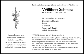 Anzeige von Willibert Schmitz von Kölner Stadt-Anzeiger / Kölnische Rundschau / Express