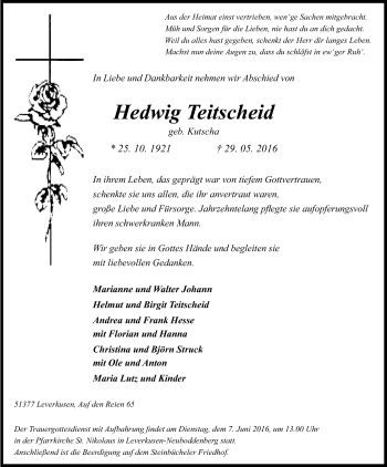 Anzeige von Hedwig Teitscheid von Kölner Stadt-Anzeiger / Kölnische Rundschau / Express