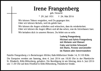 Anzeige von Irene Frangenberg von Kölner Stadt-Anzeiger / Kölnische Rundschau / Express