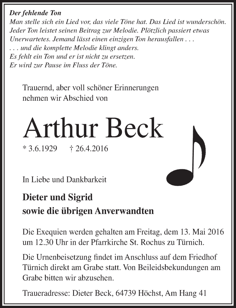  Traueranzeige für Arthur Beck vom 07.05.2016 aus  Sonntags-Post 