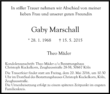 Anzeige von Gaby Marschall von Kölner Stadt-Anzeiger / Kölnische Rundschau / Express