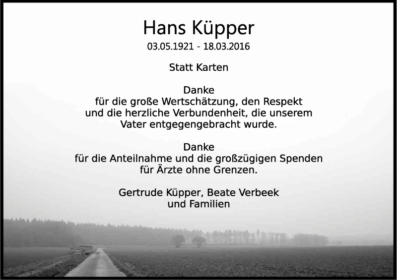  Traueranzeige für Hans Küpper vom 14.05.2016 aus Kölner Stadt-Anzeiger / Kölnische Rundschau / Express