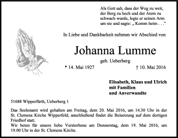 Anzeige von Johanna Lumme von Kölner Stadt-Anzeiger / Kölnische Rundschau / Express