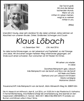 Anzeige von Klaus Löbach von Kölner Stadt-Anzeiger / Kölnische Rundschau / Express