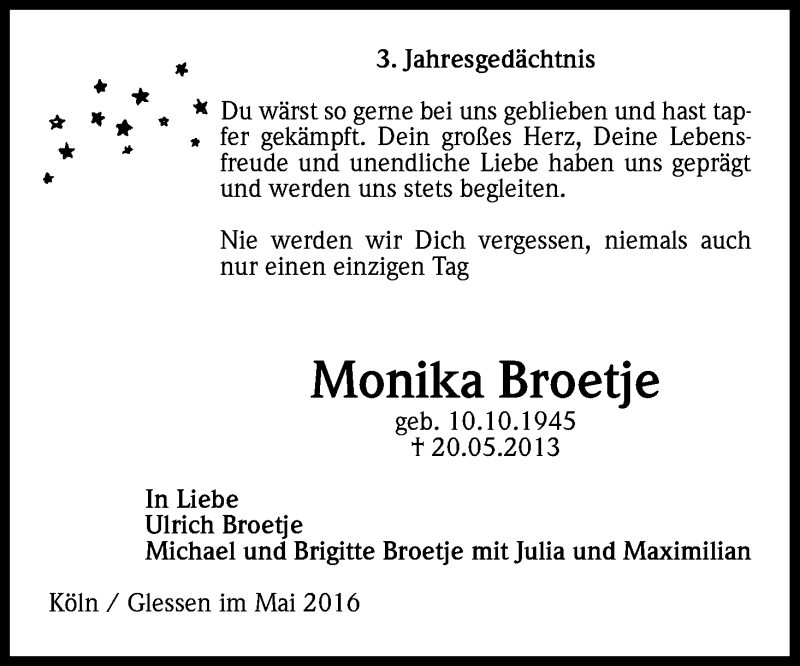  Traueranzeige für Monika Broetje vom 21.05.2016 aus Kölner Stadt-Anzeiger / Kölnische Rundschau / Express