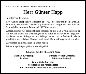 Anzeige von Günter Happ von Kölner Stadt-Anzeiger / Kölnische Rundschau / Express