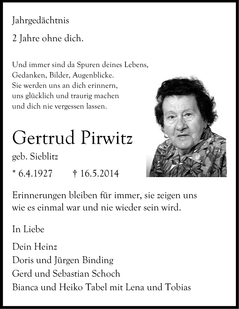  Traueranzeige für Gertrud Pirwitz vom 14.05.2016 aus Kölner Stadt-Anzeiger / Kölnische Rundschau / Express