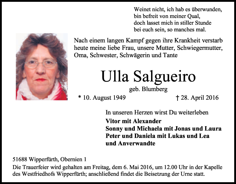  Traueranzeige für Ulla Salgueiro vom 03.05.2016 aus Kölner Stadt-Anzeiger / Kölnische Rundschau / Express
