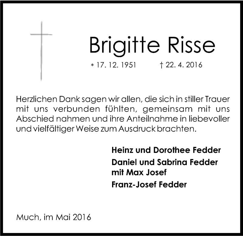  Traueranzeige für Brigitte Risse vom 28.05.2016 aus Kölner Stadt-Anzeiger / Kölnische Rundschau / Express