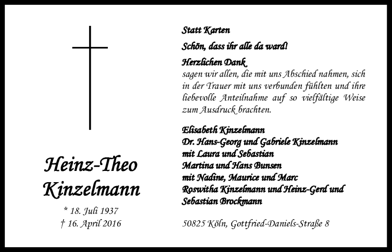  Traueranzeige für Heinz-Theo Kinzelmann vom 30.04.2016 aus Kölner Stadt-Anzeiger / Kölnische Rundschau / Express