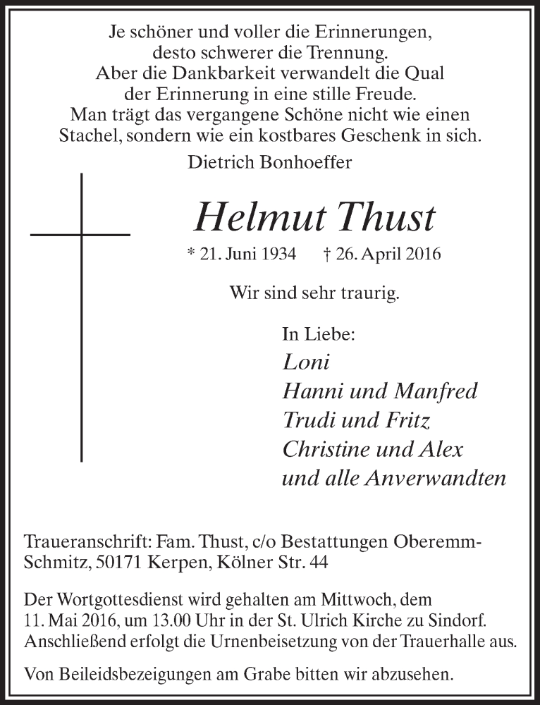  Traueranzeige für Helmut Thust vom 07.05.2016 aus  Sonntags-Post 