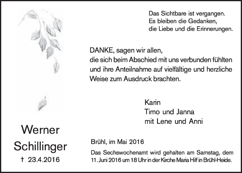  Traueranzeige für Werner Schillinger vom 25.05.2016 aus  Schlossbote/Werbekurier 