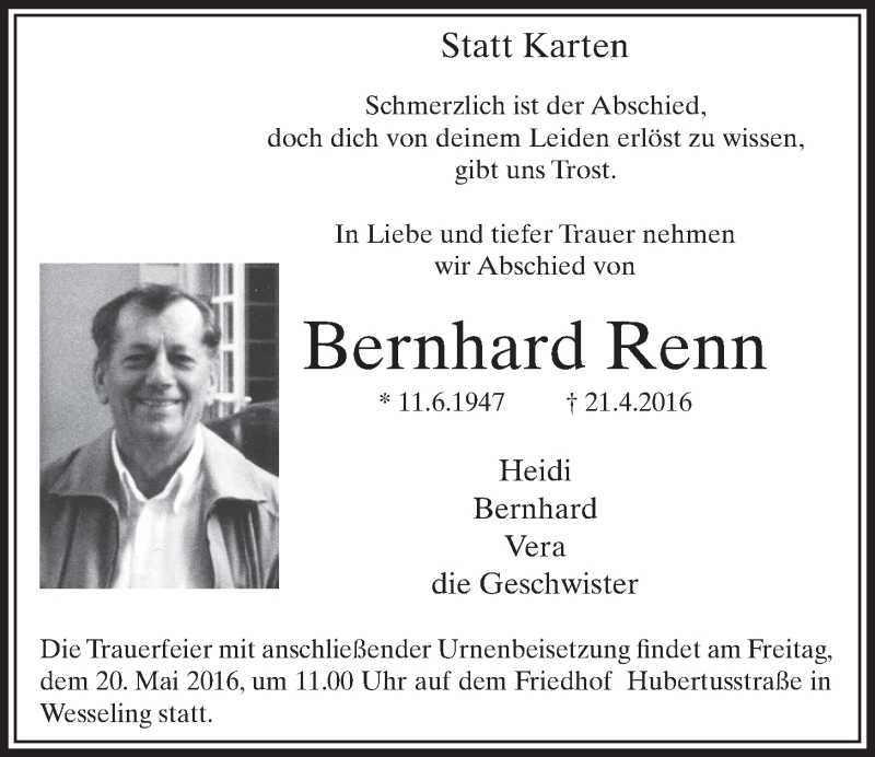 Traueranzeige für Bernhard Renn vom 18.05.2016 aus  Schlossbote/Werbekurier 