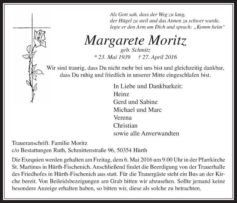  Traueranzeige für Margarete Moritz vom 04.05.2016 aus  Wochenende 
