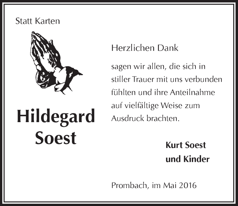  Traueranzeige für Hildegard Soest vom 18.05.2016 aus  Lokalanzeiger 