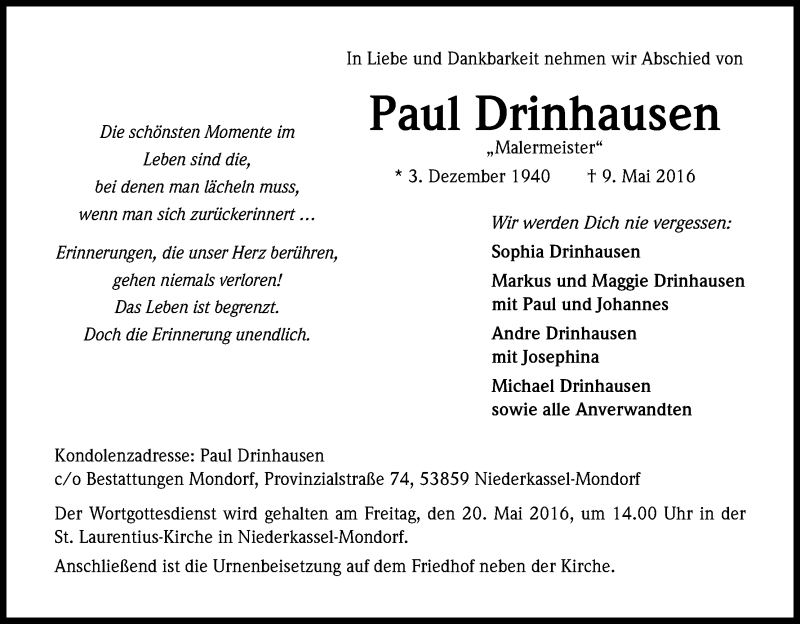  Traueranzeige für Paul Drinhausen vom 14.05.2016 aus Kölner Stadt-Anzeiger / Kölnische Rundschau / Express