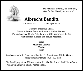 Anzeige von Albrecht Banditt von Kölner Stadt-Anzeiger / Kölnische Rundschau / Express