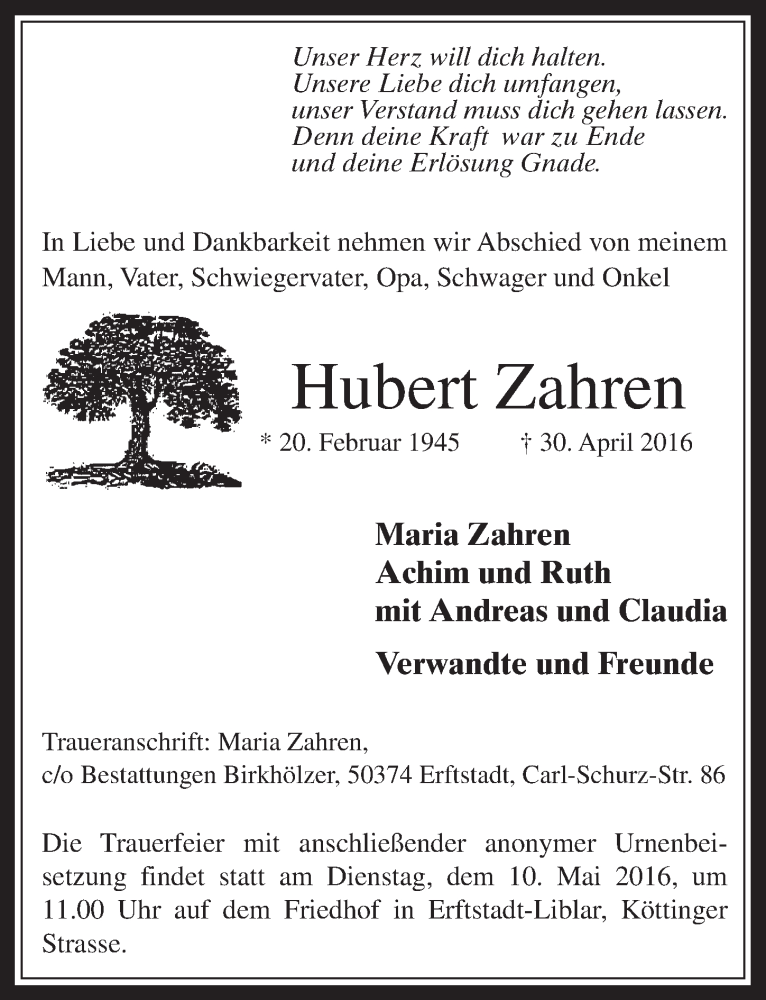  Traueranzeige für Hubert Zahren vom 07.05.2016 aus  Sonntags-Post 