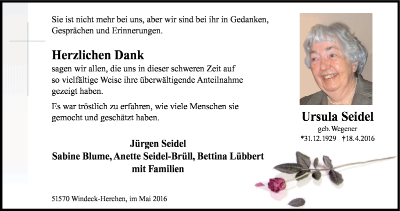  Traueranzeige für Ursula Seidel vom 21.05.2016 aus Kölner Stadt-Anzeiger / Kölnische Rundschau / Express