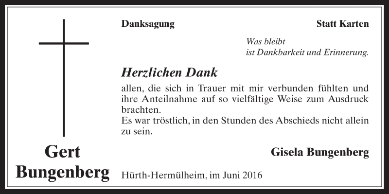  Traueranzeige für Gert Bungenberg vom 01.06.2016 aus  Wochenende 