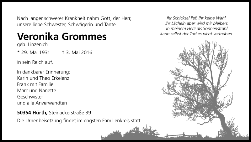  Traueranzeige für Veronika Grommes vom 09.05.2016 aus Kölner Stadt-Anzeiger / Kölnische Rundschau / Express