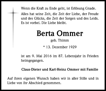 Anzeige von Berta Ommer von Kölner Stadt-Anzeiger / Kölnische Rundschau / Express