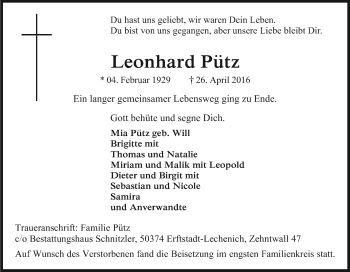 Anzeige von Leonhard Pütz von Kölner Stadt-Anzeiger / Kölnische Rundschau / Express